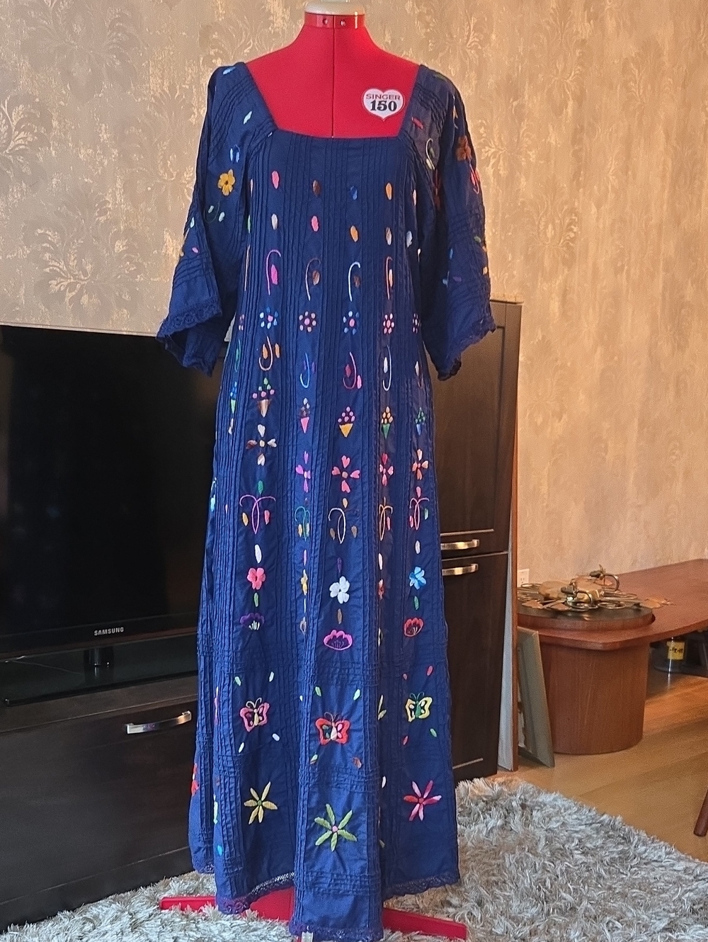 Vintage RARE Mexican Embroidered Navy Maxi Dress